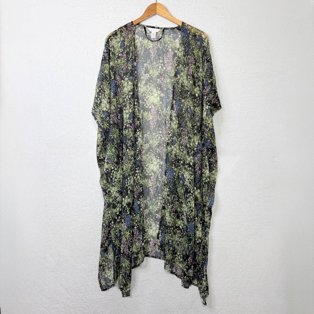 LC Lauren Conrad Floral Sheer Kimono Cardigan One Size Black Green 217549